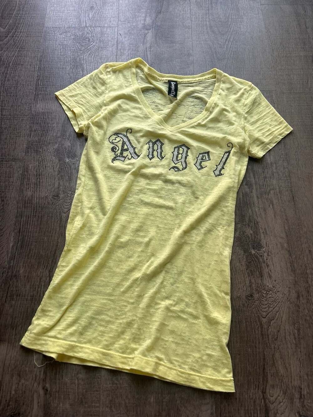 Royalty by Affliction Women's Yellow Rhinestone Angel V-Neck T-Shirt